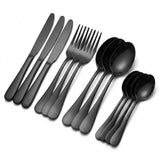 Black knives, forks, tablespoons and teaspoons overlap in four diagonal groups on a white background.