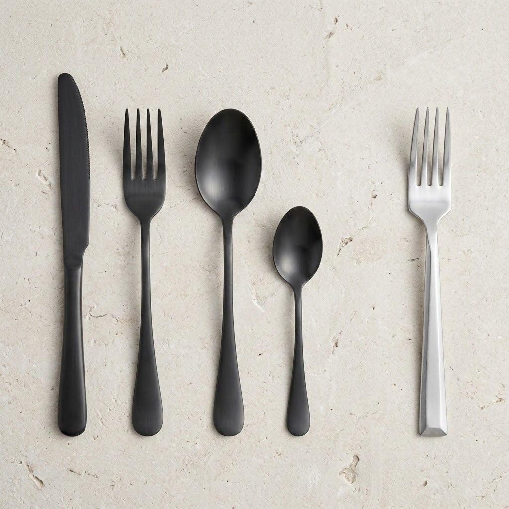 A matte black knife, fork, tablespoon and teaspoon lie beside a silver fork on a textured cream surface.