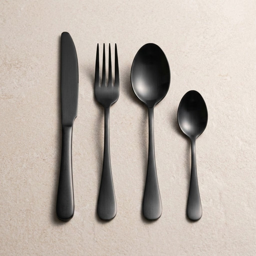 A matte black knife, fork, tablespoon and teaspoon are arranged side by side on a light beige surface.