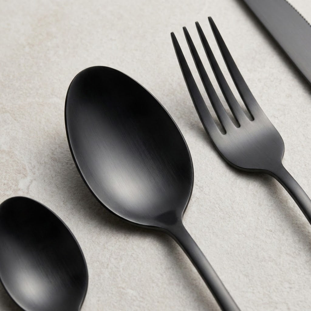 A close-up shows a matte black tablespoon and fork with a partially visible teaspoon and knife on a pale textured surface.