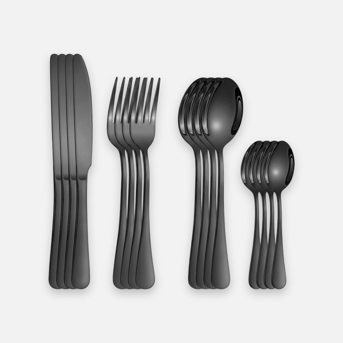 Four black knives, four forks, four tablespoons and four teaspoons form overlapping groups on a white background.