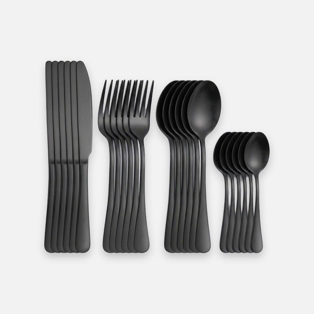 Six black knives, six forks, six tablespoons and six teaspoons form four overlapping groups on a white background.