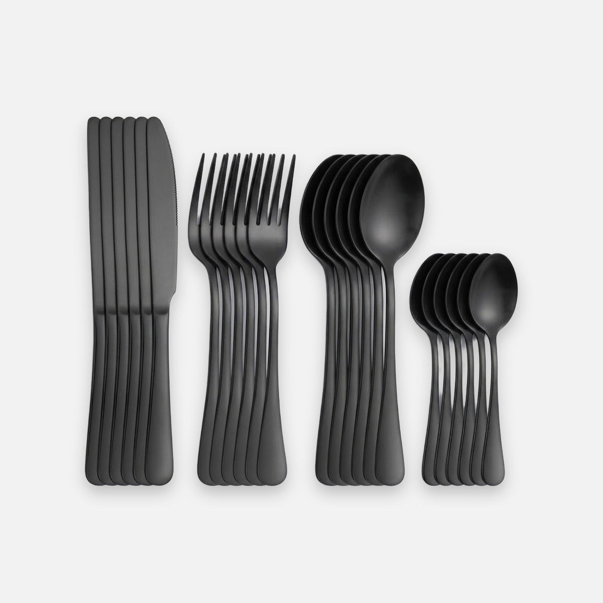 Six black knives, six forks, six tablespoons and six teaspoons form four overlapping groups on a white background.