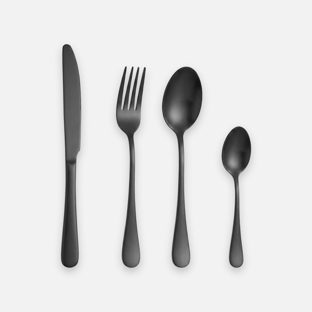 A black knife, fork, tablespoon and teaspoon are arranged vertically side by side on a white background.