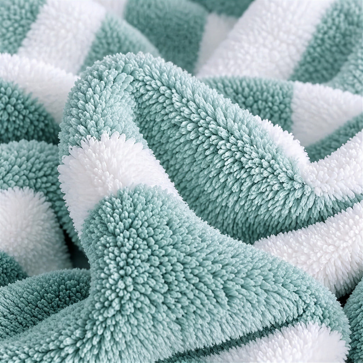 A close-up of loosely gathered mint green and white striped towel fabric shows its dense, fluffy texture.