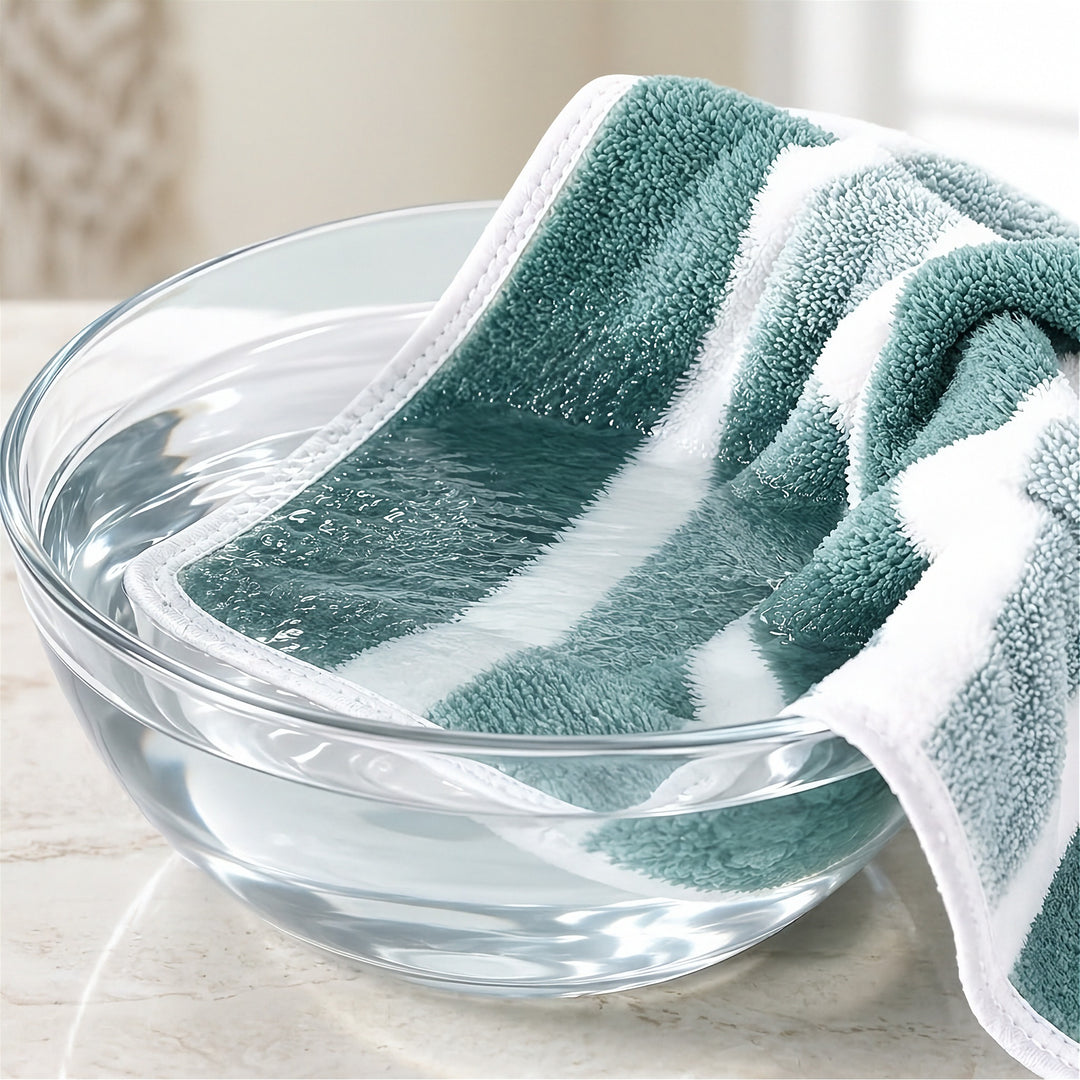 Soft striped towel absorbing water in a clear glass bowl