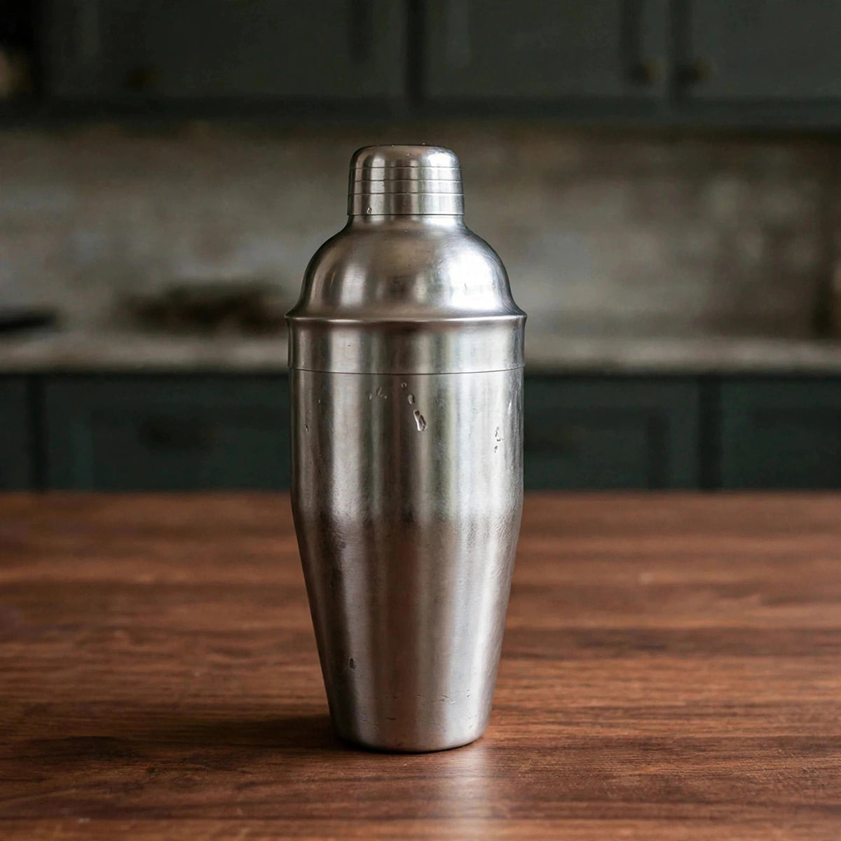A stainless steel cocktail shaker standing on a wooden table with a blurred kitchen background.