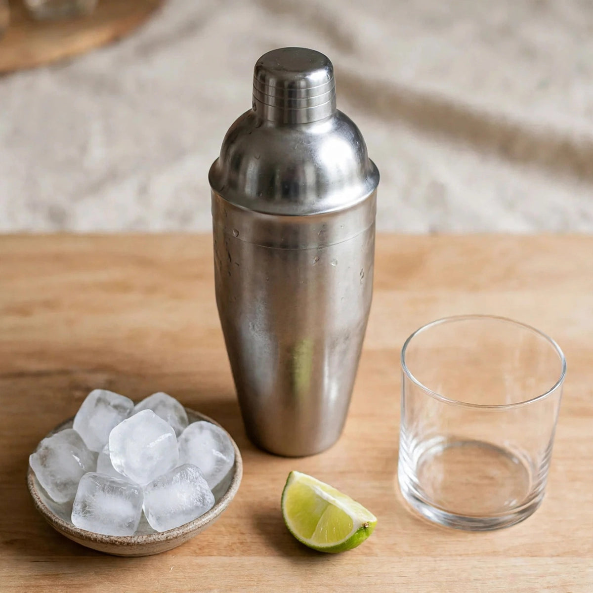 A silver cocktail shaker stands on a wooden board beside a dish of ice cubes, a lime wedge, and an empty glass.