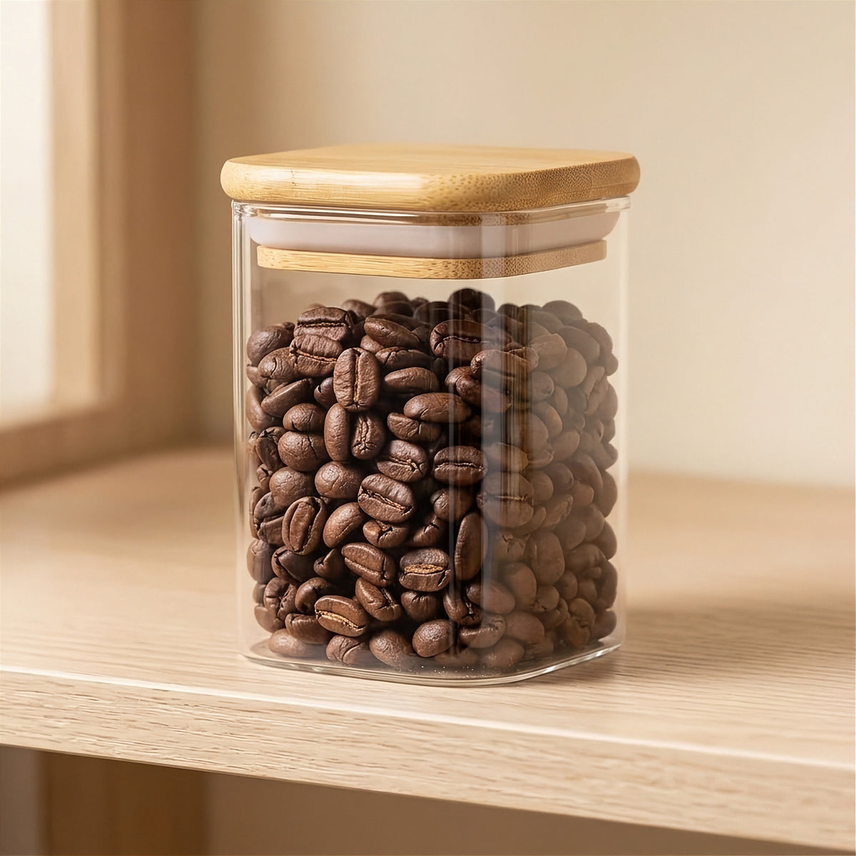 A clear glass jar filled with brown coffee beans and topped with a bamboo lid sits on a wooden shelf beside a window.