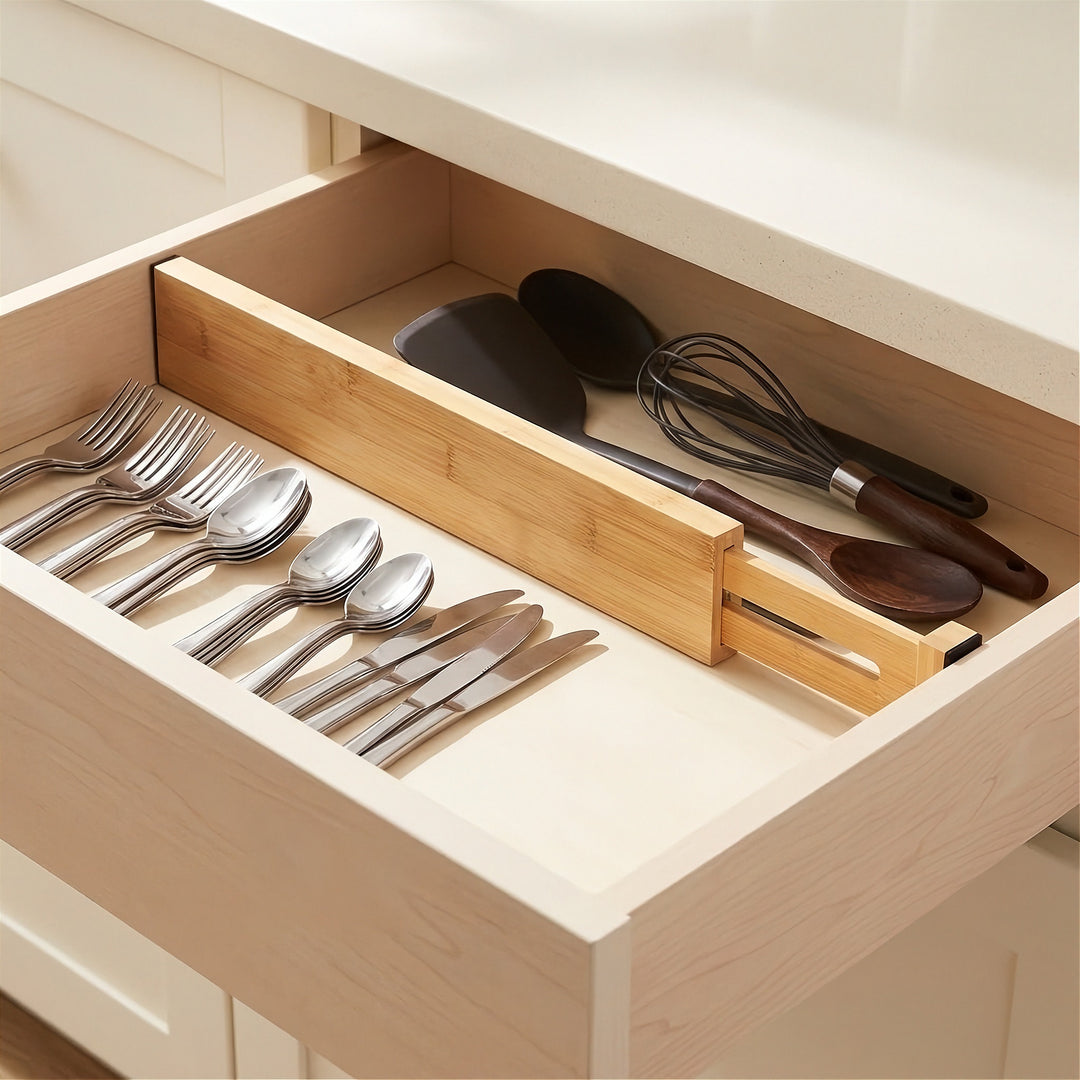 A natural bamboo drawer divider separates silver cutlery from dark cooking utensils in an open cream kitchen drawer.
