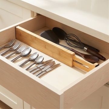 A natural bamboo drawer divider separates silver cutlery from dark cooking utensils in an open cream kitchen drawer.