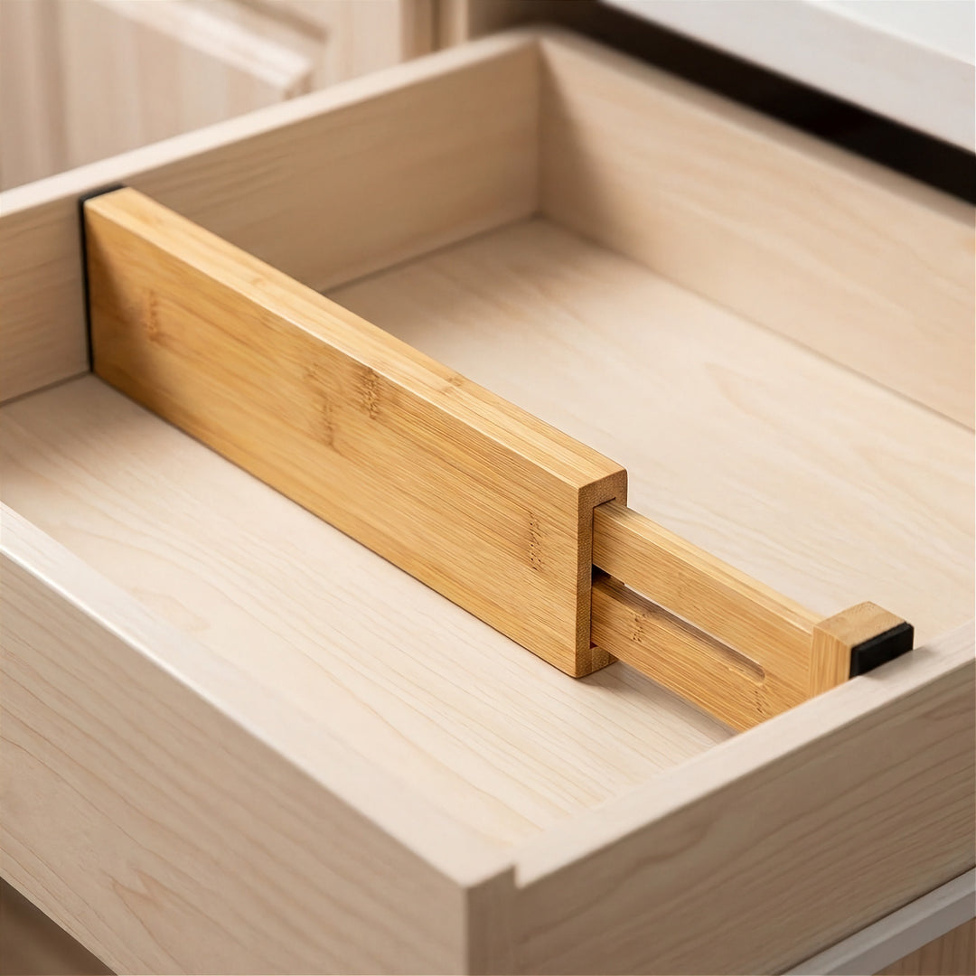 A natural bamboo drawer divider with an extended sliding section and black end pads spans an empty cream drawer.