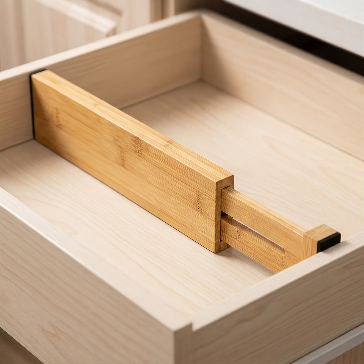A natural bamboo drawer divider with an extended sliding section and black end pads spans an empty cream drawer.