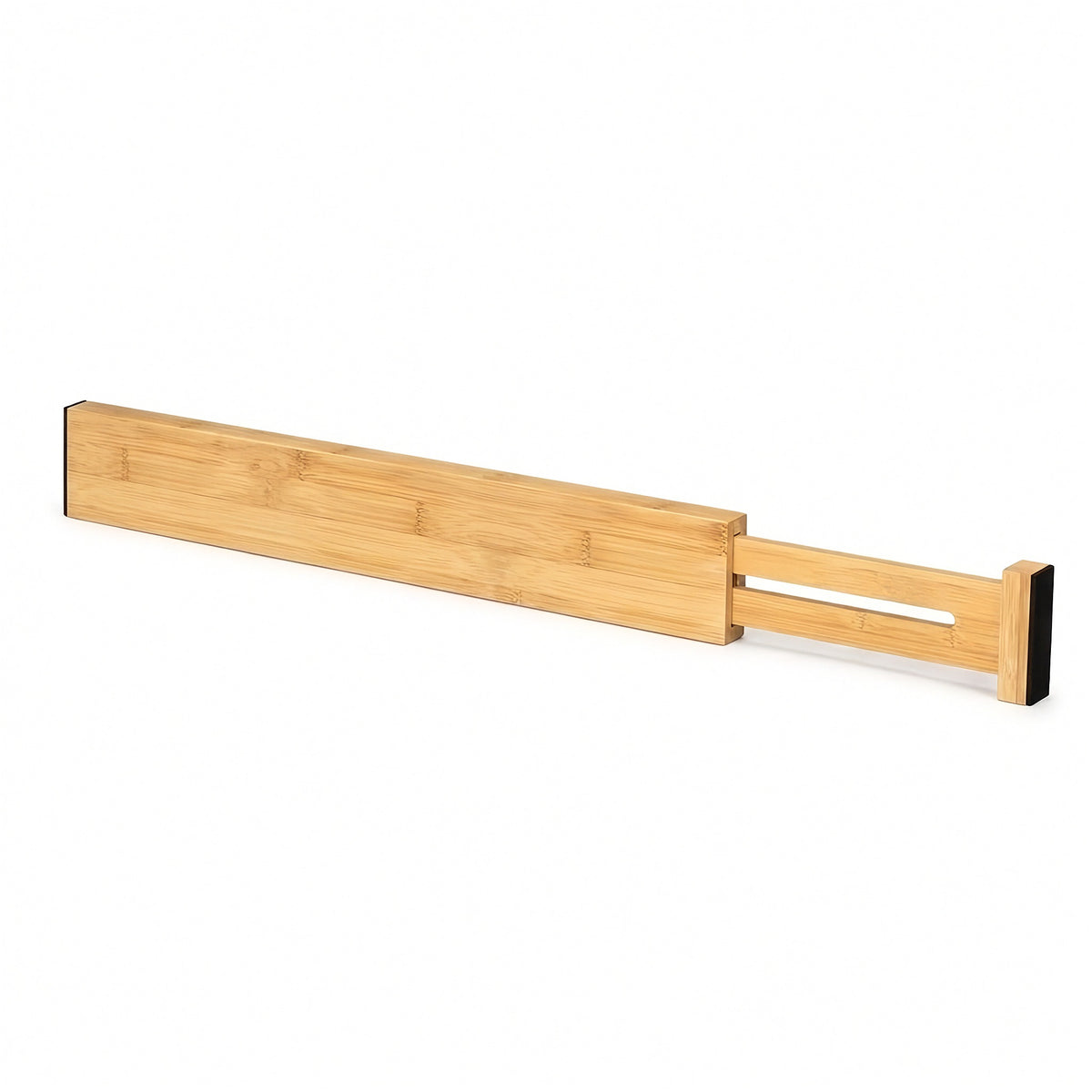A single natural bamboo drawer divider with an extended slotted section and black end pads rests against a white background.
