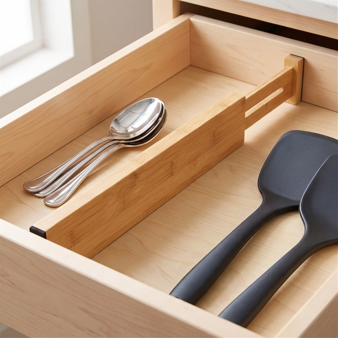 A light brown bamboo divider separates silver spoons from black spatulas inside an open wooden kitchen drawer beside a window.
