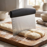 Stainless steel bench scraper with black handle portioning dough into even pieces on a floured wooden board