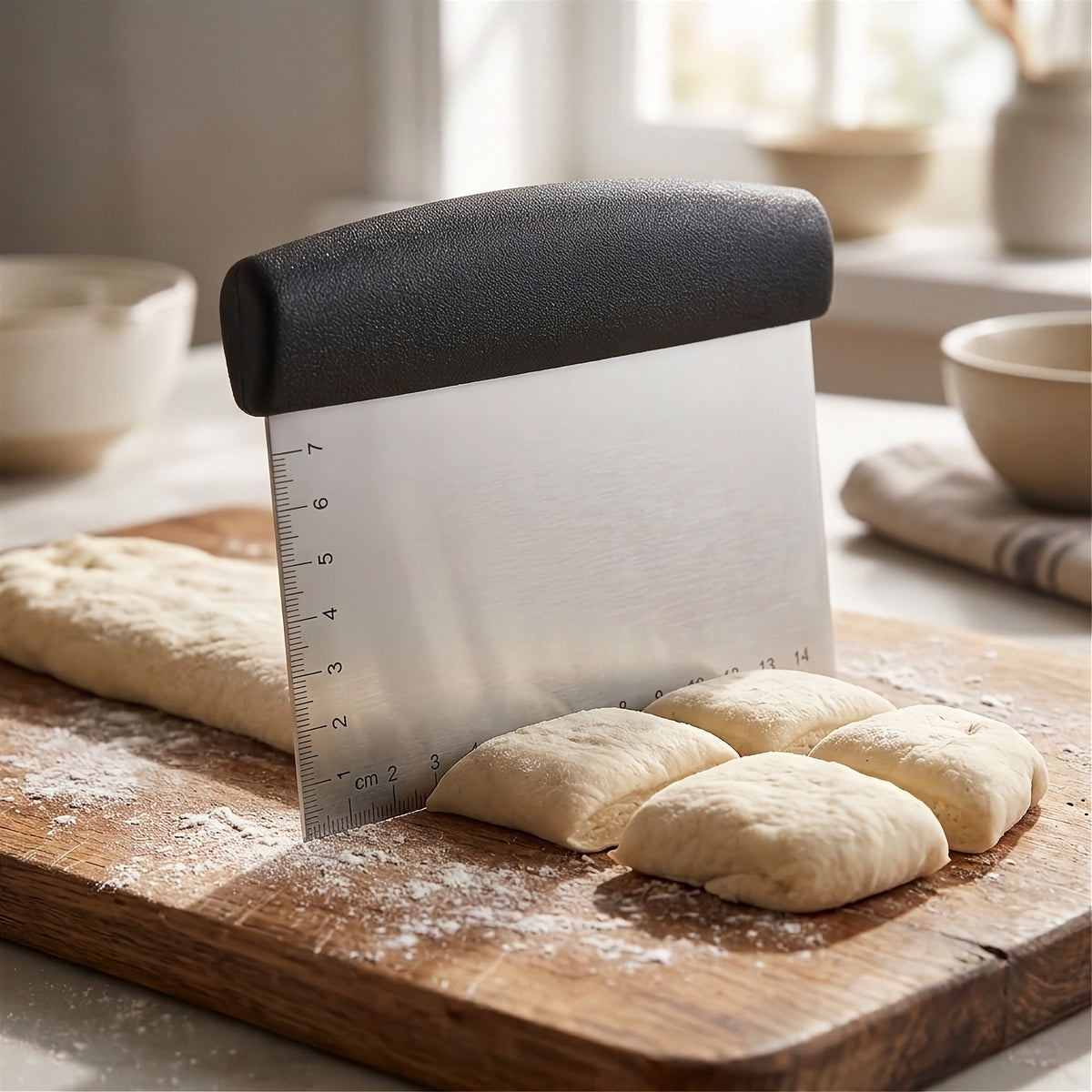 Stainless steel bench scraper with black handle portioning dough into even pieces on a floured wooden board
