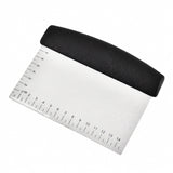 One stainless steel bench scraper with a black grip and cm measuring scale on a white background