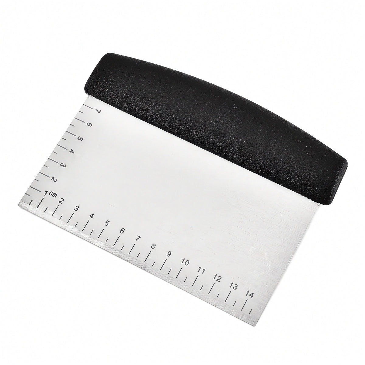 One stainless steel bench scraper with a black grip and cm measuring scale on a white background