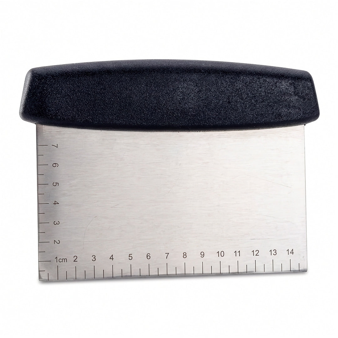 Front view of the stainless steel dough scraper showing its straight edge and cm markings on white