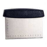 Front view of the stainless steel dough scraper showing its straight edge and cm markings on white
