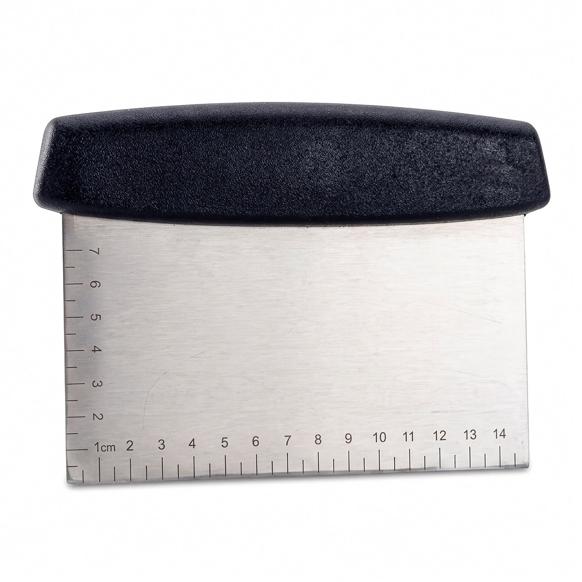 Front view of the stainless steel dough scraper showing its straight edge and cm markings on white
