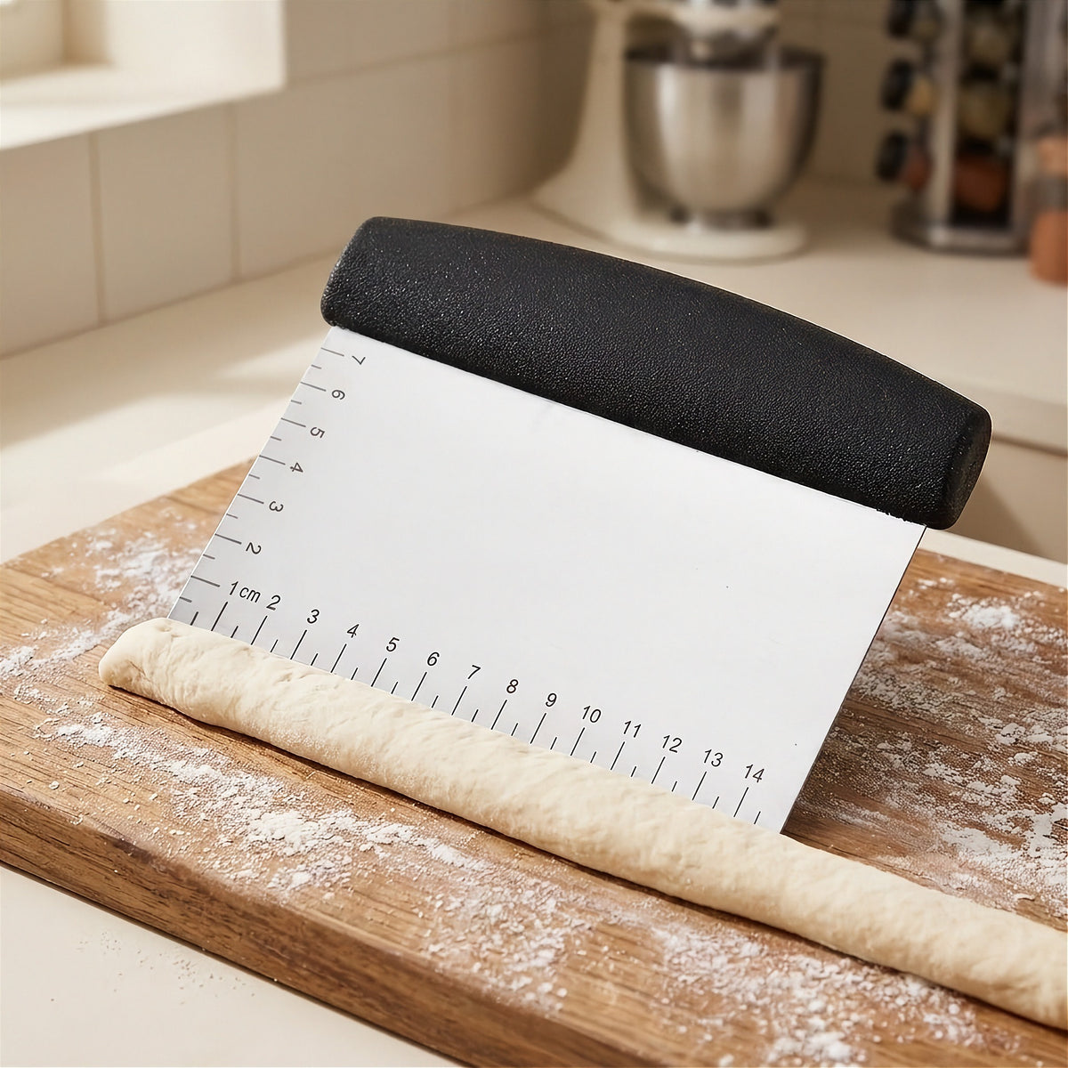 Bench scraper lifting a long rope of dough on a floured wooden board in a home kitchen