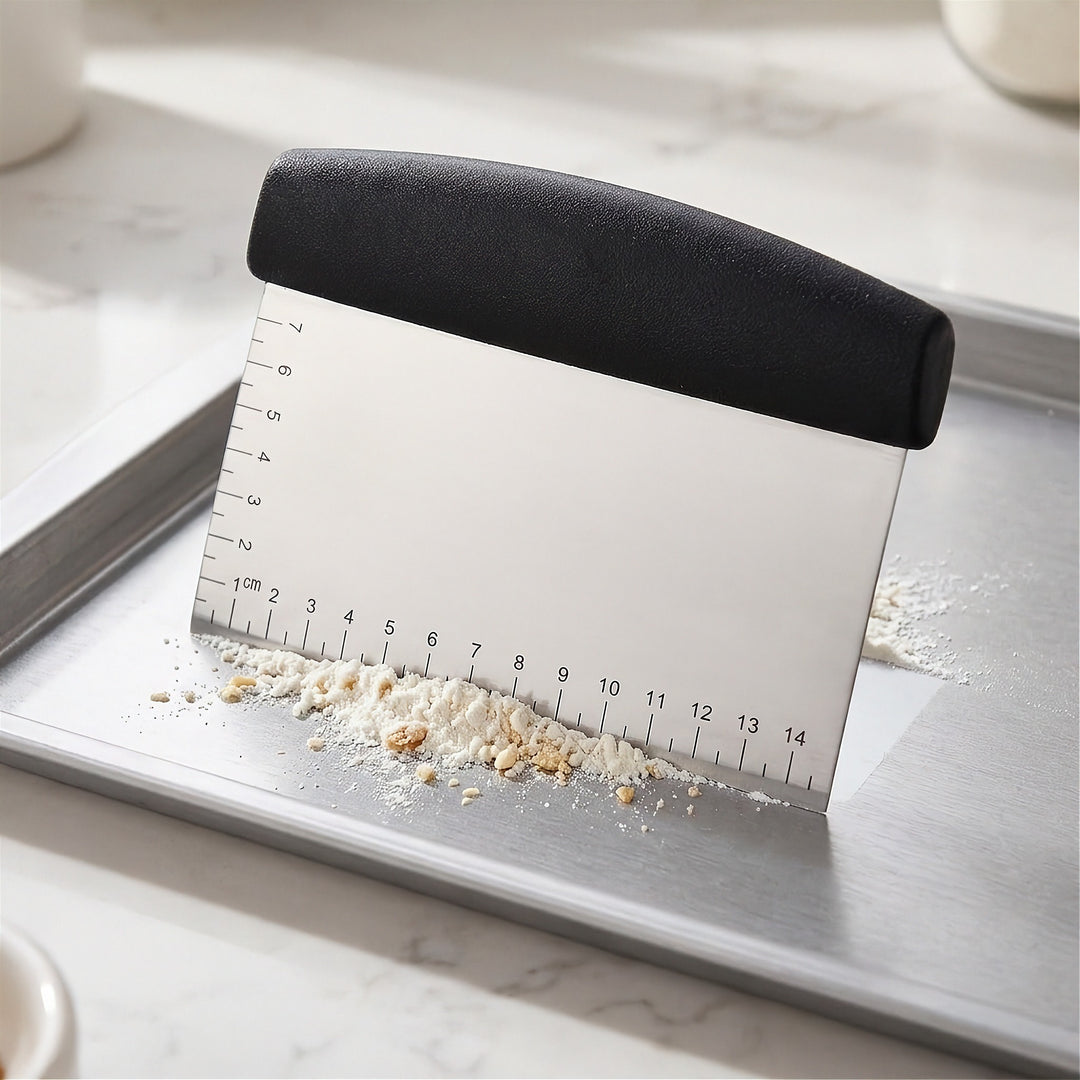 Bench scraper clearing flour and dough scraps from a stainless steel baking sheet