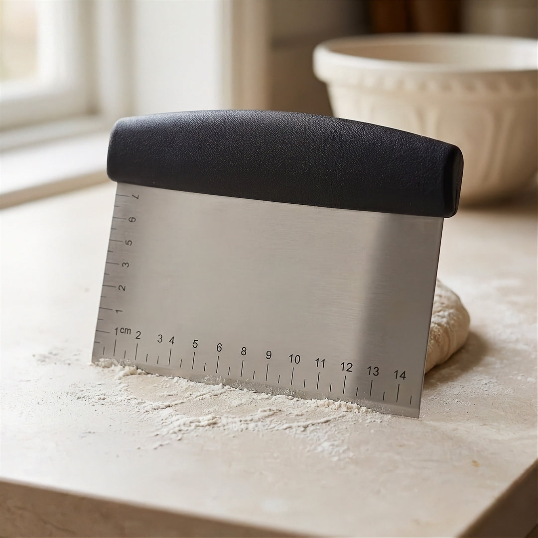 Stainless steel scraper standing upright on a floured countertop beside a rising dough ball