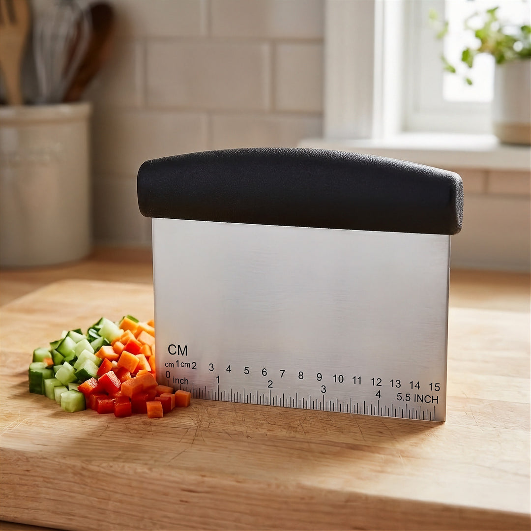 Stainless steel bench scraper next to chopped peppers and cucumber on a wooden board, used to scoop vegetables