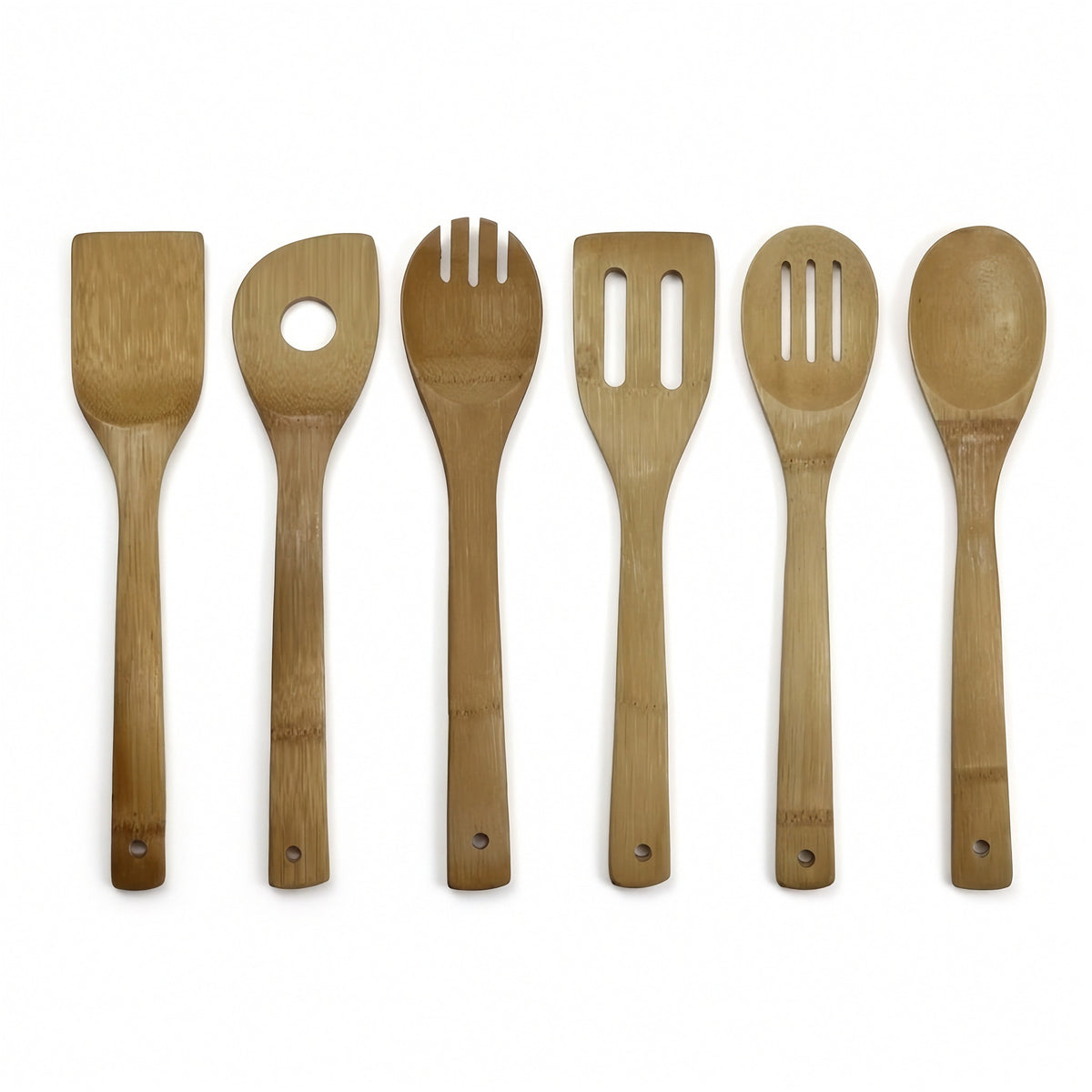 Six bamboo kitchen utensils, including a spatula, serving spoon, fork, slotted spoon, and ladle, arranged in a row on a white background.