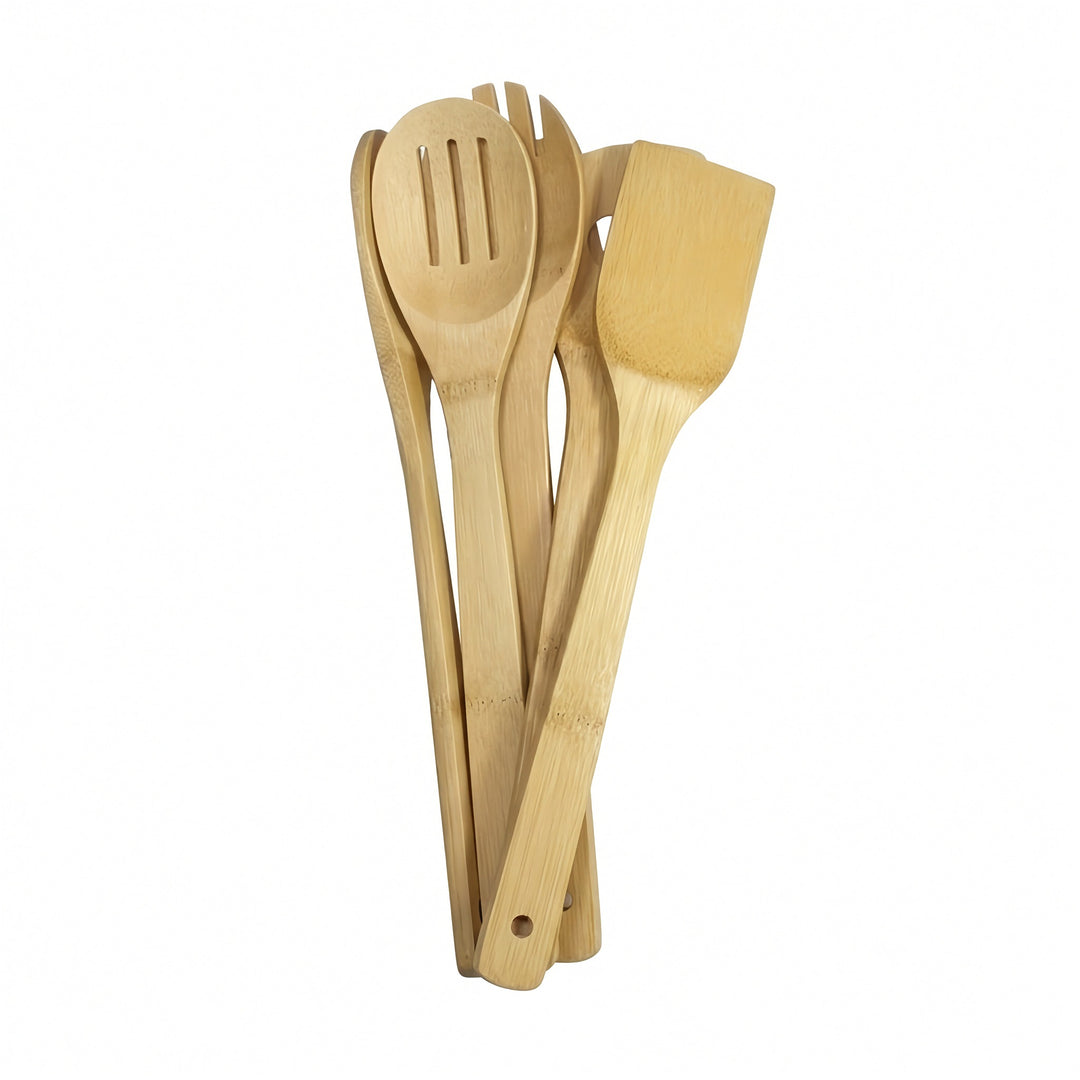 Four natural bamboo kitchen utensils, including a spatula, spoon, fork, and turner, arranged vertically against a plain white background.