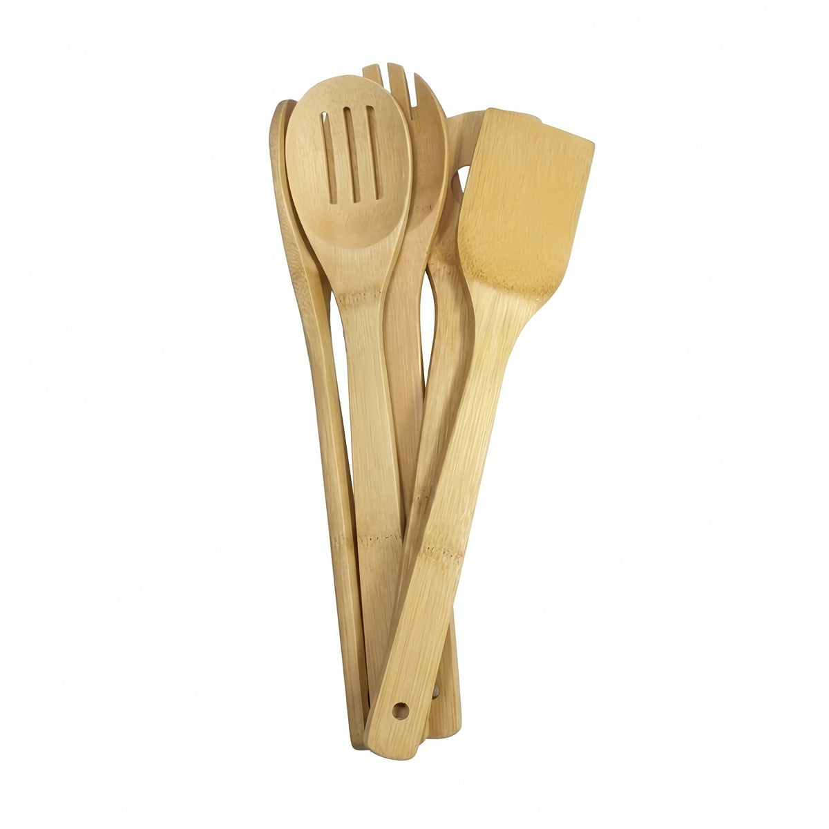 Four natural bamboo kitchen utensils, including a spatula, spoon, fork, and turner, arranged vertically against a plain white background.