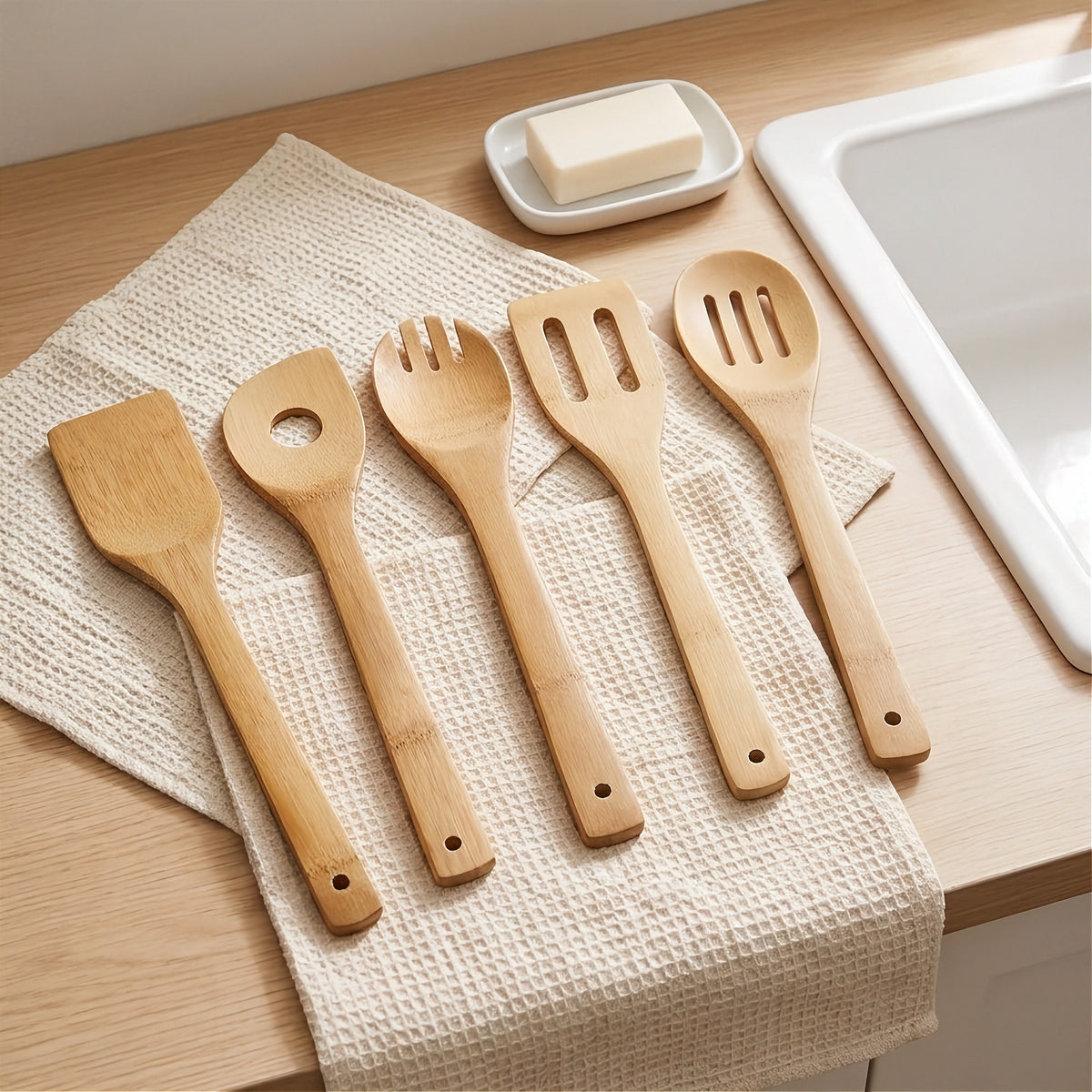 Five light natural bamboo kitchen utensils with wooden handles are arranged on a textured cream dish towel on a light wood countertop, with a white sink and a bar of soap visible in the background.