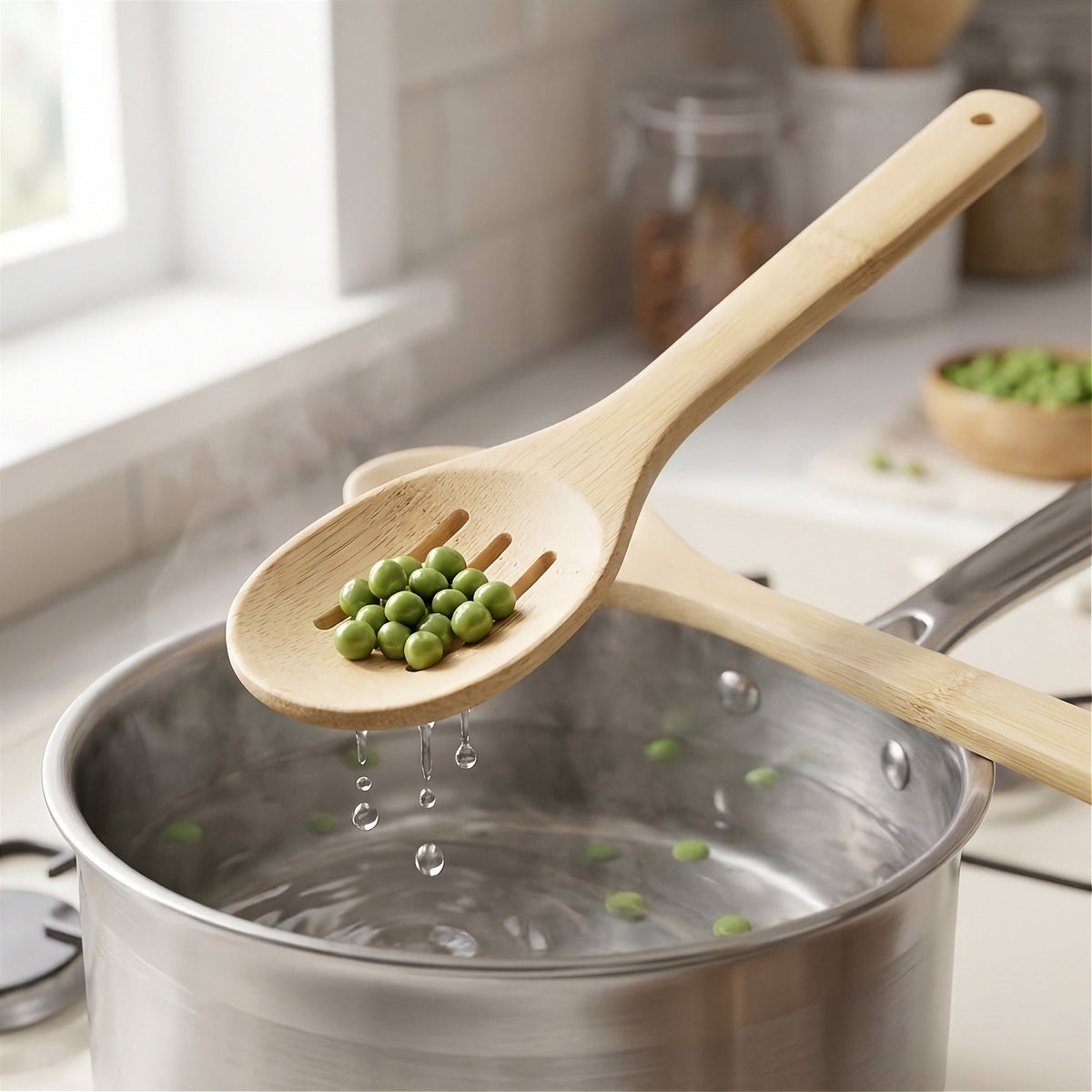 A bamboo kitchen utensil with a slotted bowl is shown lifting green peas from a pot of boiling water in a bright kitchen setting.
