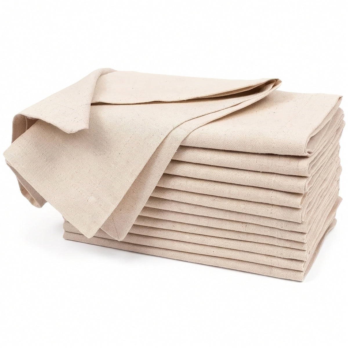 A stack of folded beige fabric napkins or table linens with one napkin draped on top, photographed on a clean white background.