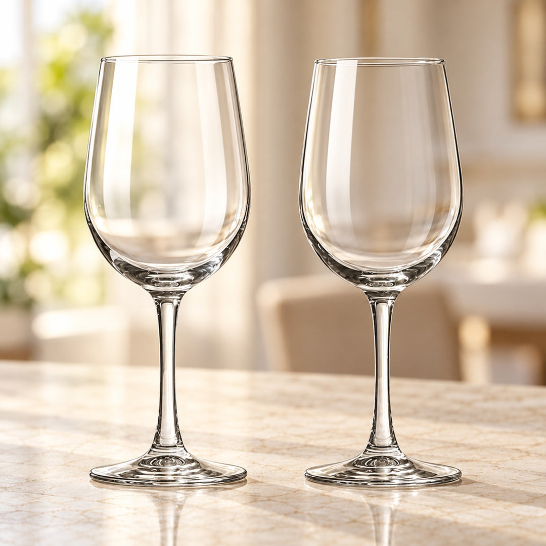 Pair of clear 320 ml soda-lime glass red wine glasses with rounded bowls and slender stems on a stone tabletop