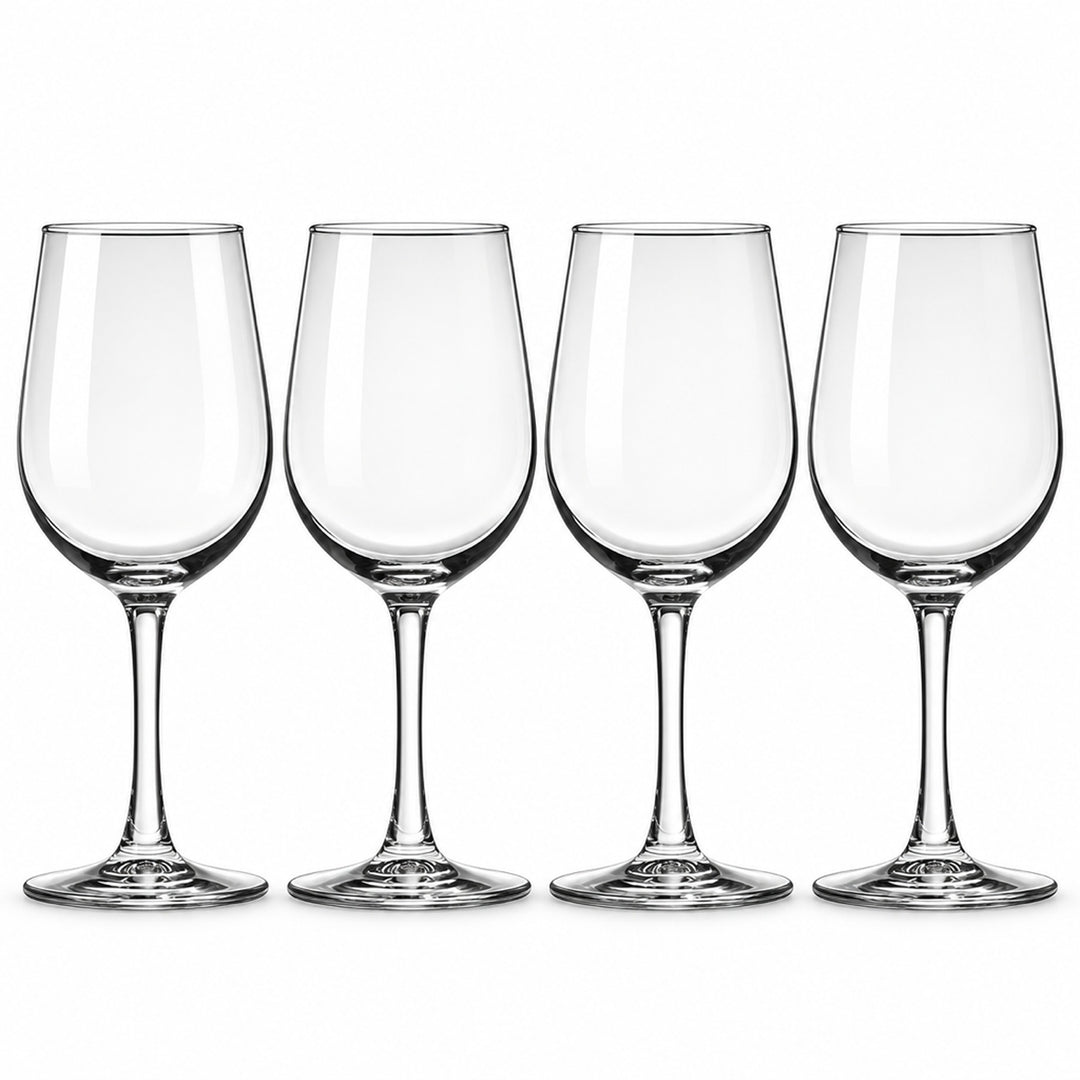 Set of four clear 320 ml red wine glasses with rounded bowls, slender stems and round feet on a white background