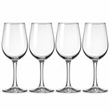Set of four clear 320 ml red wine glasses with rounded bowls, slender stems and round feet on a white background