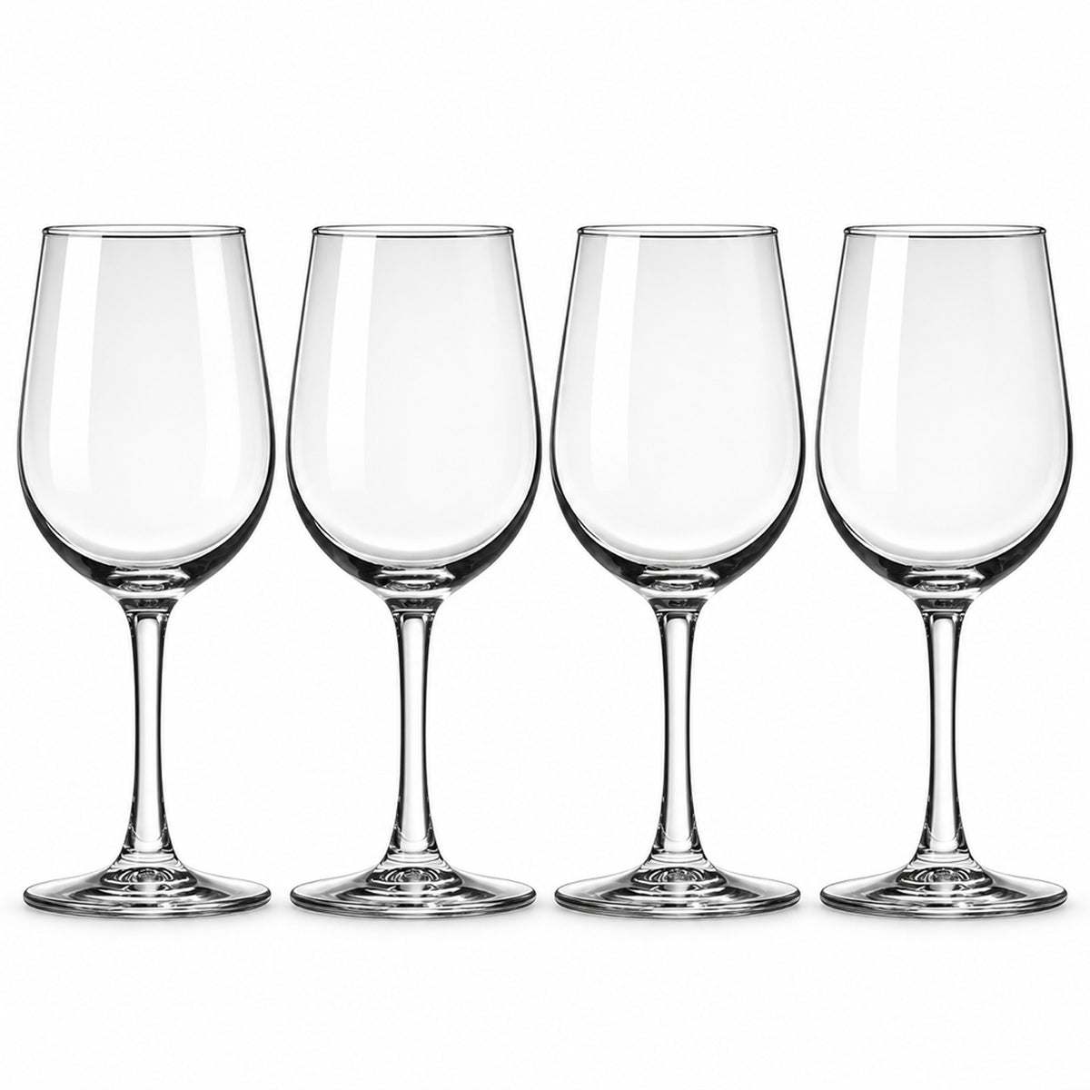 Set of four clear 320 ml red wine glasses with rounded bowls, slender stems and round feet on a white background