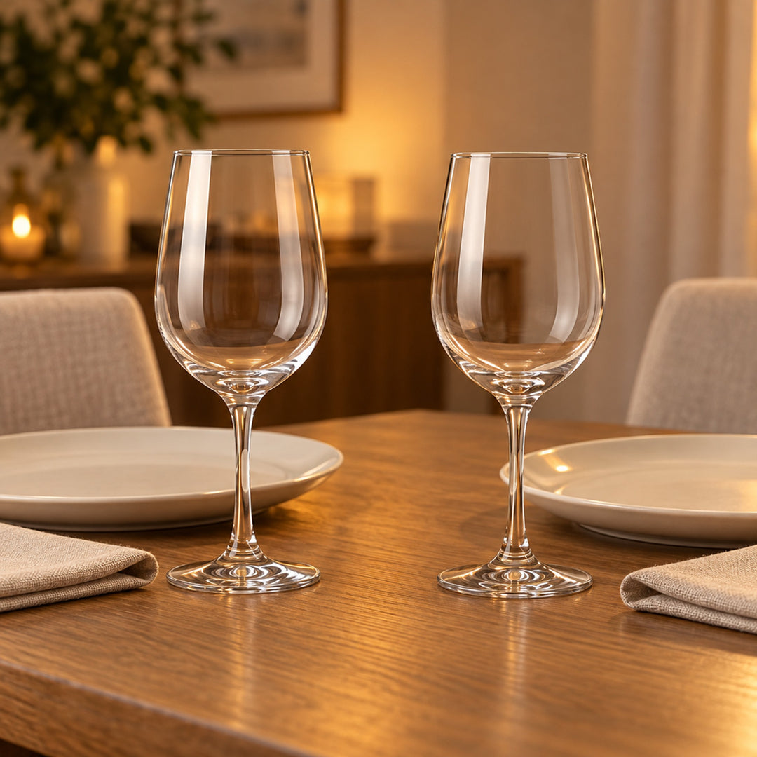 Two empty red wine glasses beside dinner plates and linen napkins on a wooden dining table
