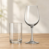 Stemmed European-style red wine glass compared with an ordinary stemless glass tumbler