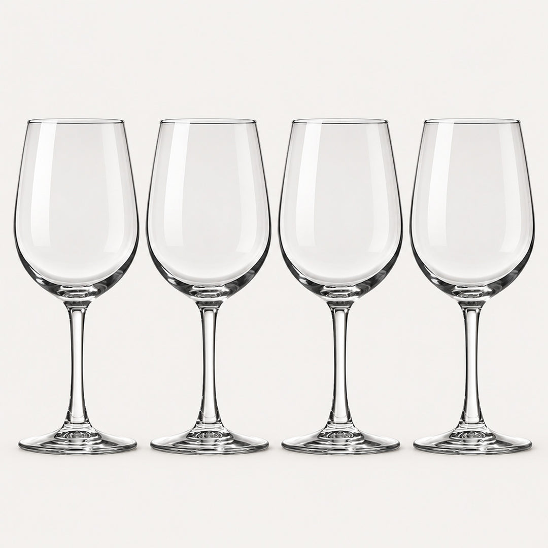 Set of 4 clear red wine glasses, 10.8 fl oz (320 ml) each, on a light warm grey backdrop