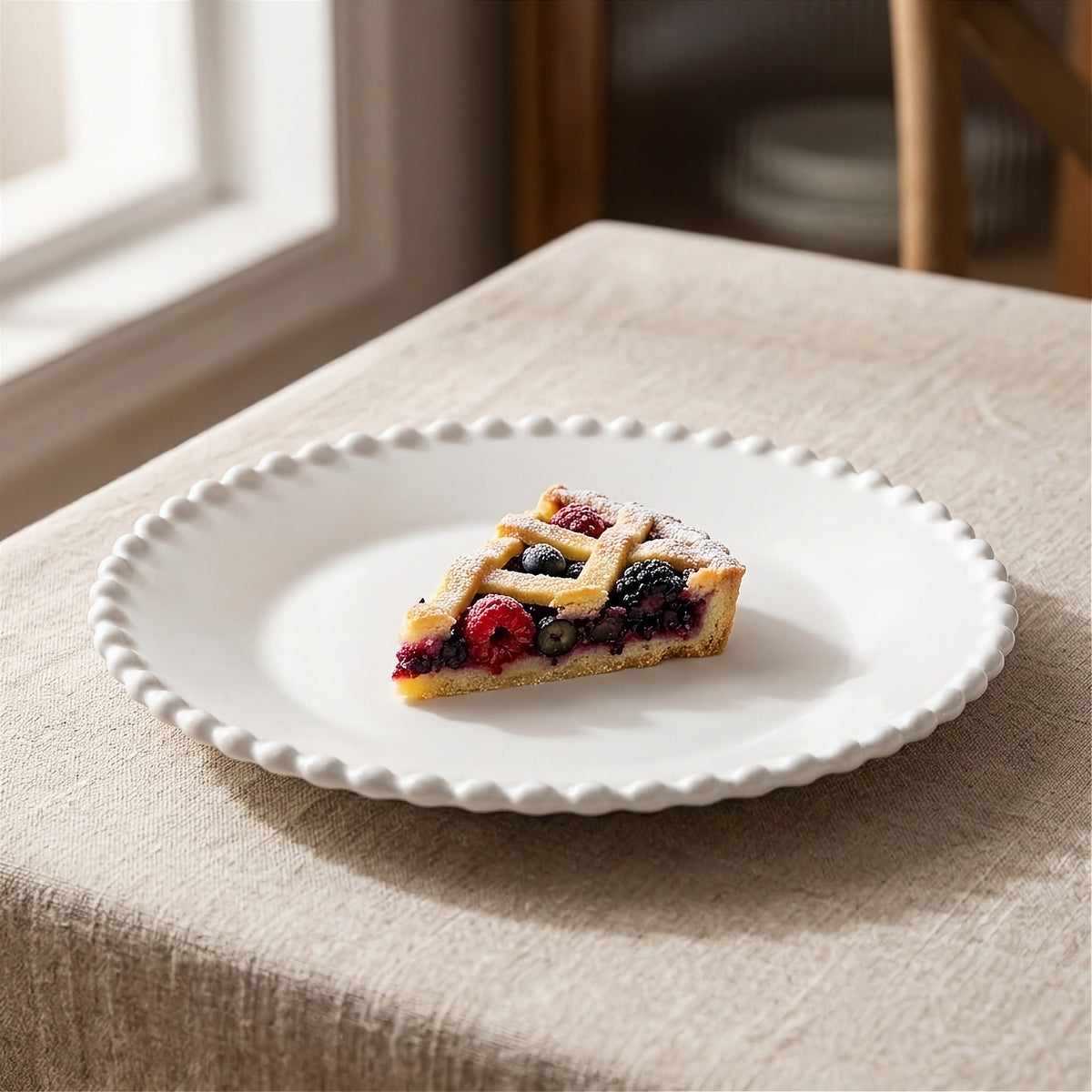 A white beaded-rim plate holds a slice of lattice berry tart on a beige tablecloth near a window.