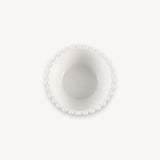 A white round bowl with a beaded rim and deep center is shown from above against a white background.