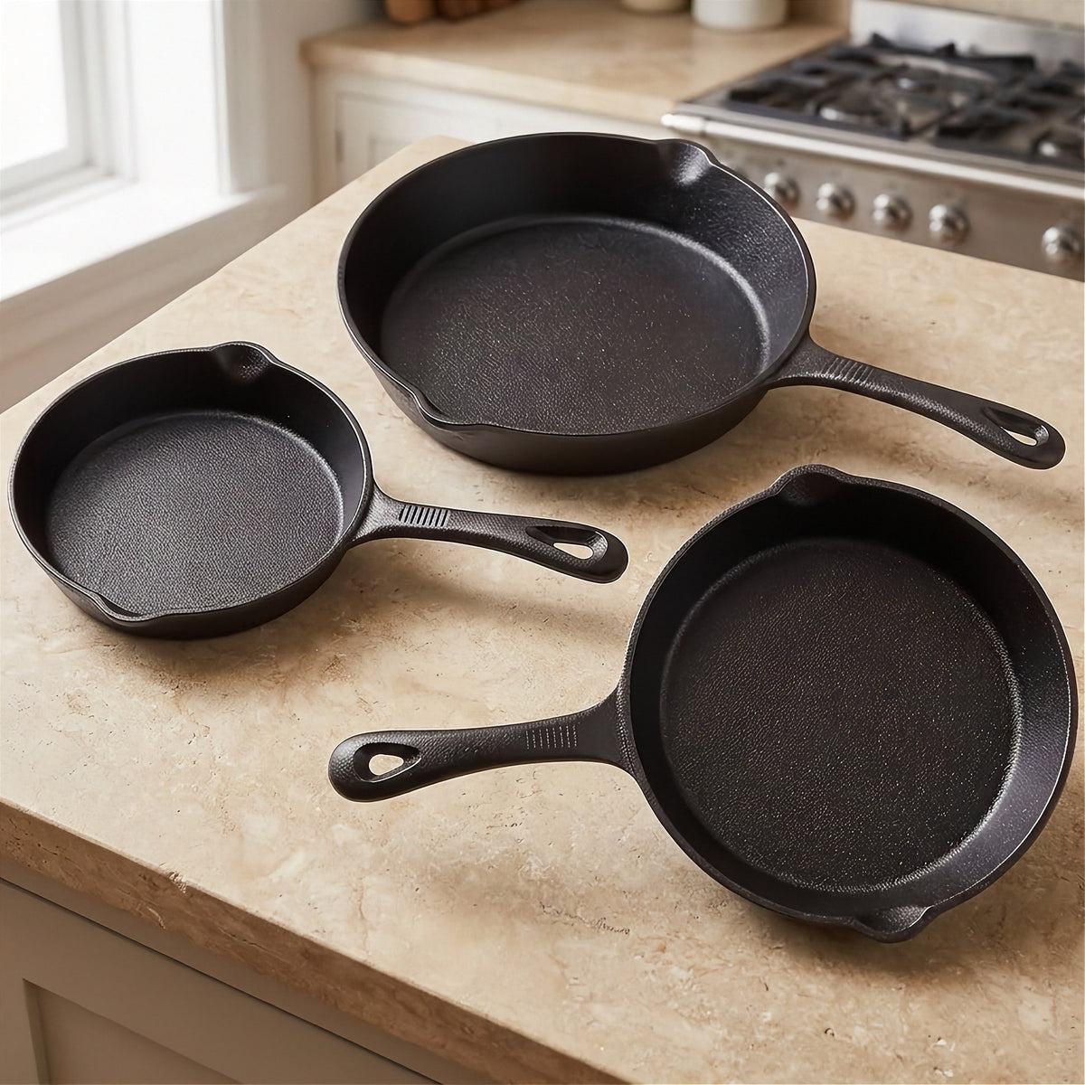Three black cast iron skillets of different sizes sit separately on a beige kitchen countertop near a stove.