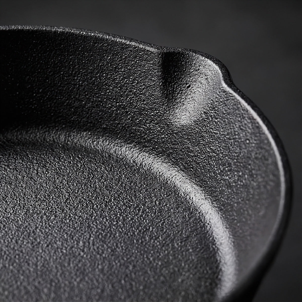 Close-up of a black cast iron skillet showing the textured interior rim and deep curve against a dark background.