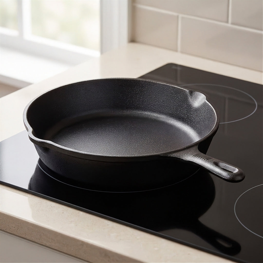 Black cast iron skillet with two pouring spouts rests on a glass cooktop beside a light countertop and tiled backsplash.