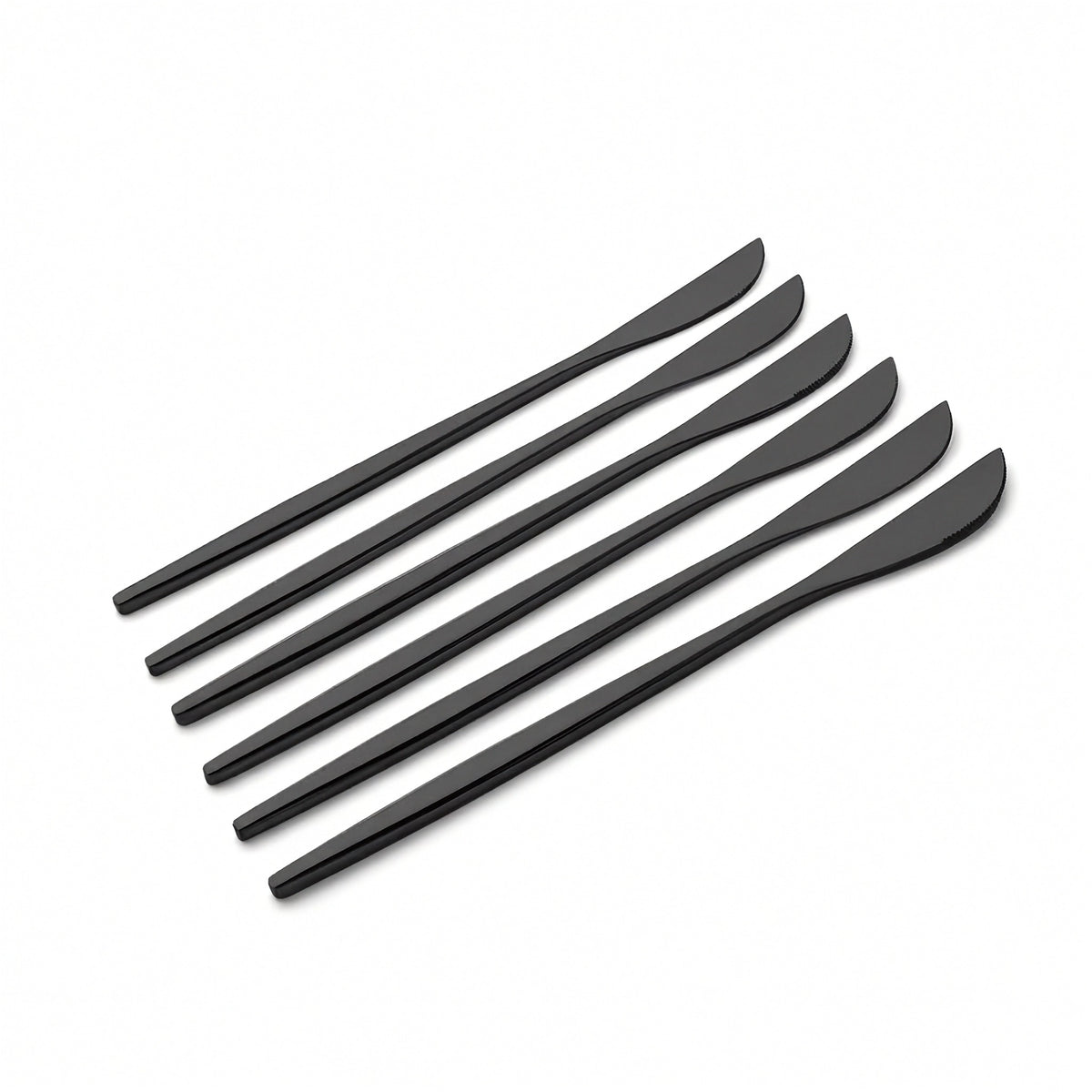 Five matte black plastic spreaders or spatulas arranged diagonally on a clean white background.