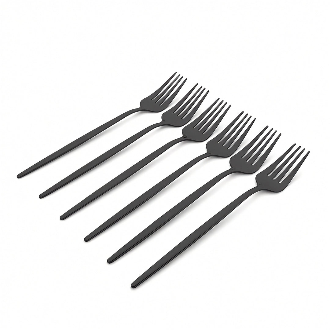 Set of six black forks on a white background